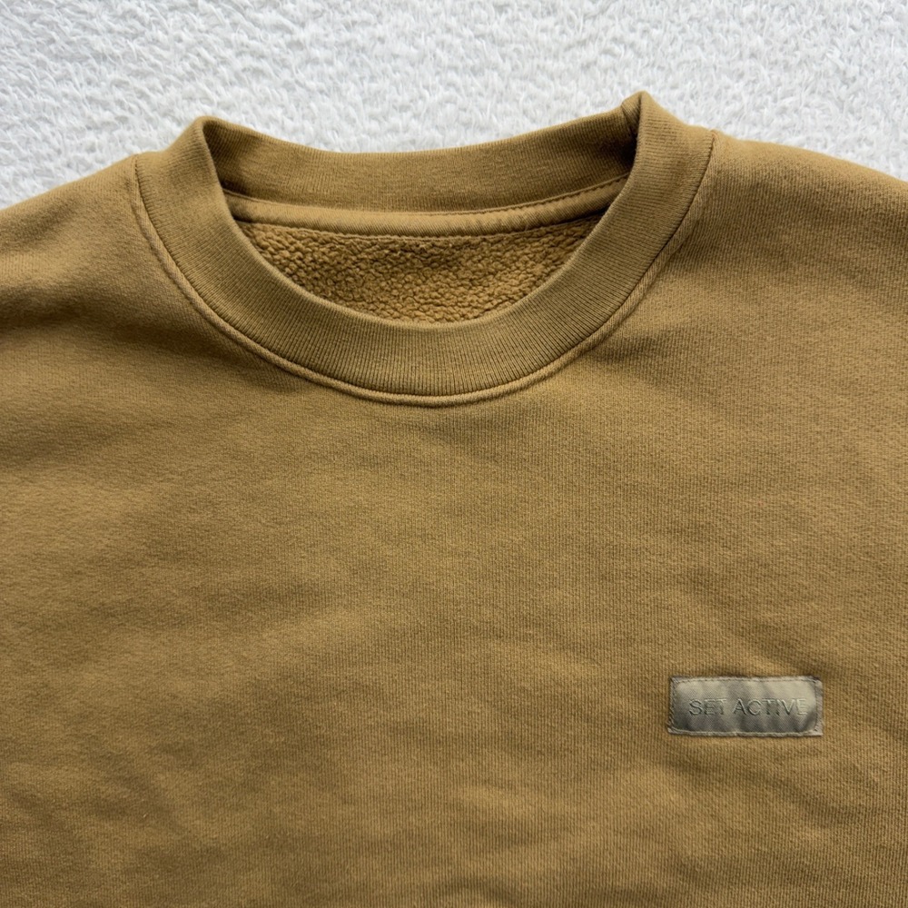 Set Active Women Small Tan Cropped Sweatshirt Cotton Fleece Pullover Made in USA - Picture 2 of 9